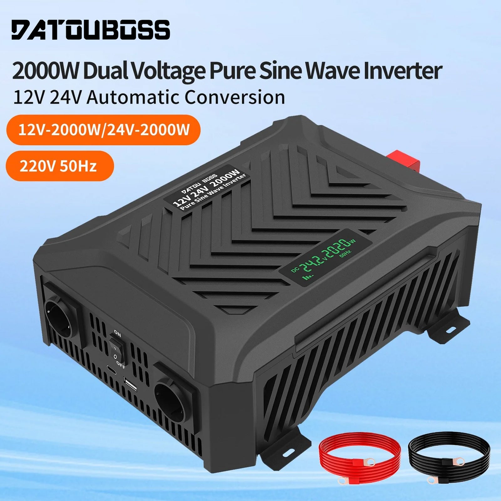 DATOUBOSS Universal Double Voltage Converter 2000W Pure Sine Wave Inverter, 12V/24V to 230V AC Voltage Converter, Peak Power 4000W Peak Power, with Intelligent Detection System & LCD Display & 2 EU Socket