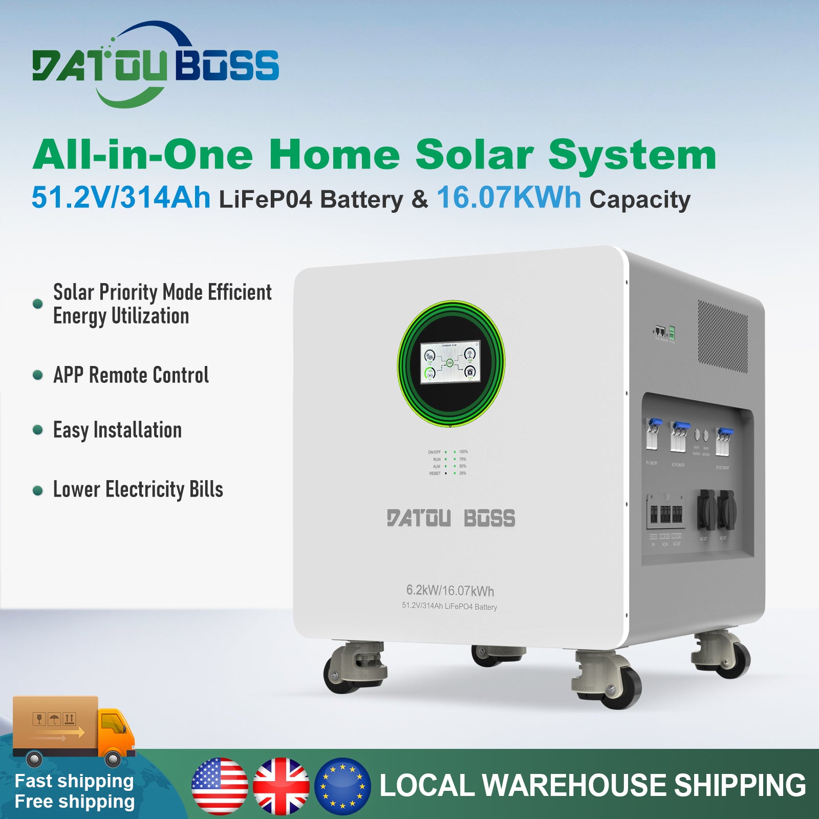 DATOUBOSS 48V 6200W Hybrid Inverter + 314Ah LiFePO4 Battery Portable Power Supply with LCD Touch Screen, Detachable, and Wheels, suitable for large-capacity solar energy storage systems/RVs/home energy storage systems
