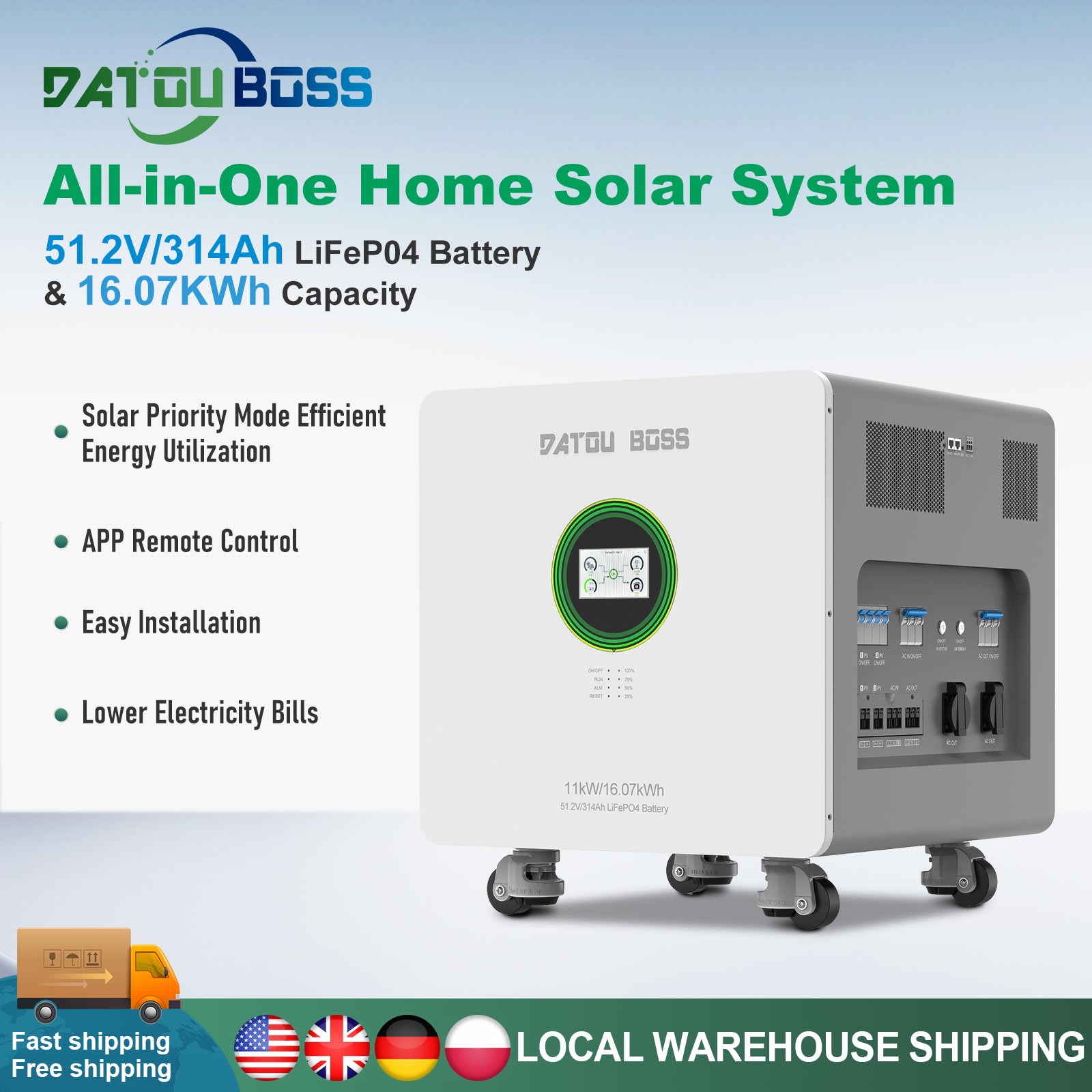 DATOUBOSS 48V 11000W Hybrid Inverter + 314Ah LiFePO4 Battery Portable Power Supply with LCD Touch Screen, Detachable, and Wheels, suitable for large-capacity solar energy storage systems/RVs/home energy storage systems