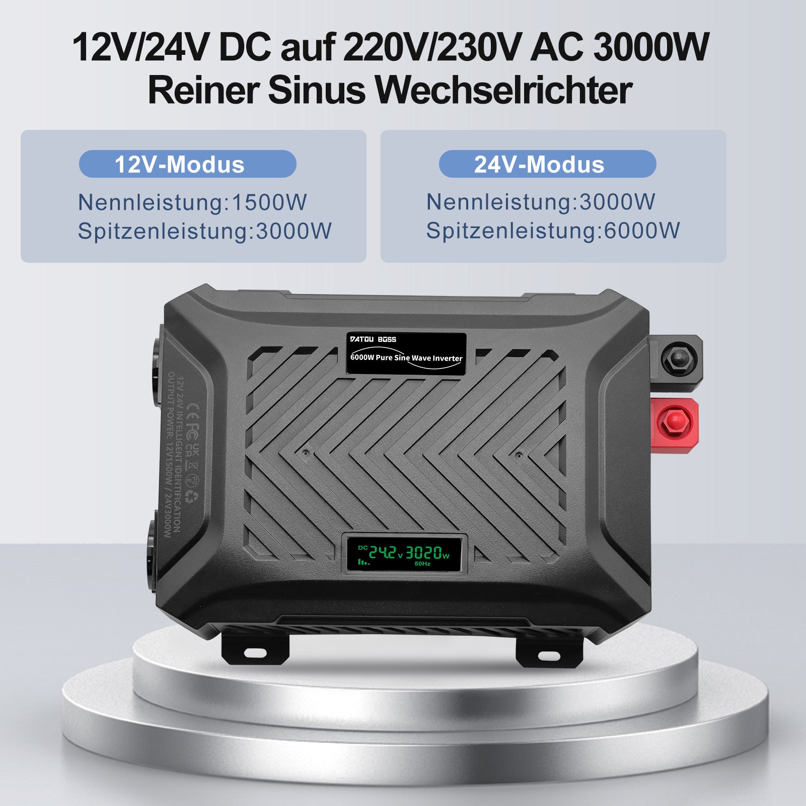 DATOUBOSS Universal Double Voltage Converter 1500W/3000W Pure Sine Wave Inverter, 12V/24V to 230V AC Voltage Converter, Peak Power 3000W/6000W Peak Power, with Intelligent Detection System & LCD Display & 2 EU Socket