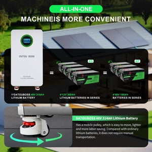 DATOUBOSS 48V 314Ah battery featuring a mobile pulley system, eliminating manual transportation for home energy storage