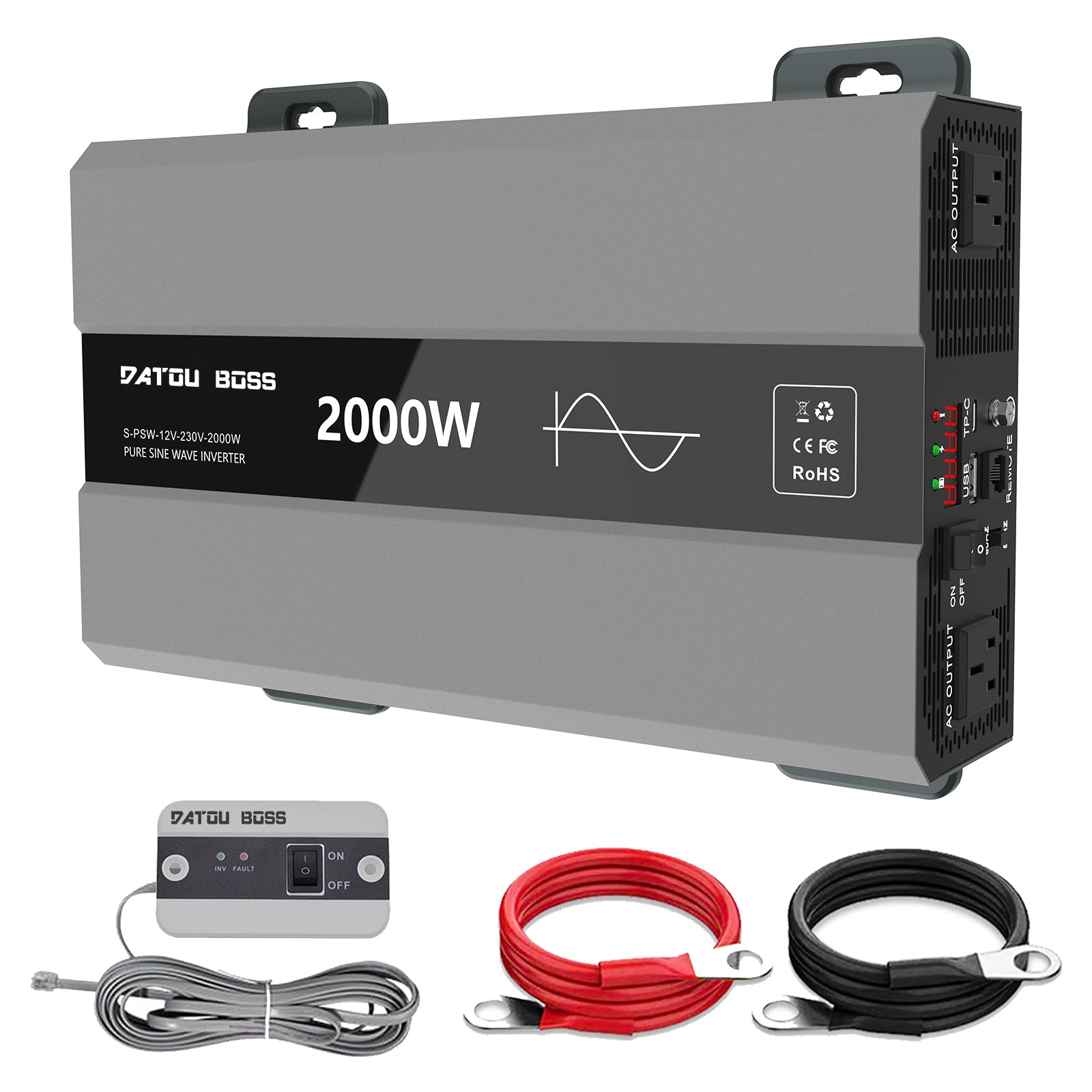 DATOUBOSS 2000W Pure Sine Wave Inverter, 12V to 230V AC Power Converter, Peak Power 4000W, 50Hz UK Socket, USB Ports and USB-C Output, Remote Control, for Household Appliances, Car, Caravan, Truck