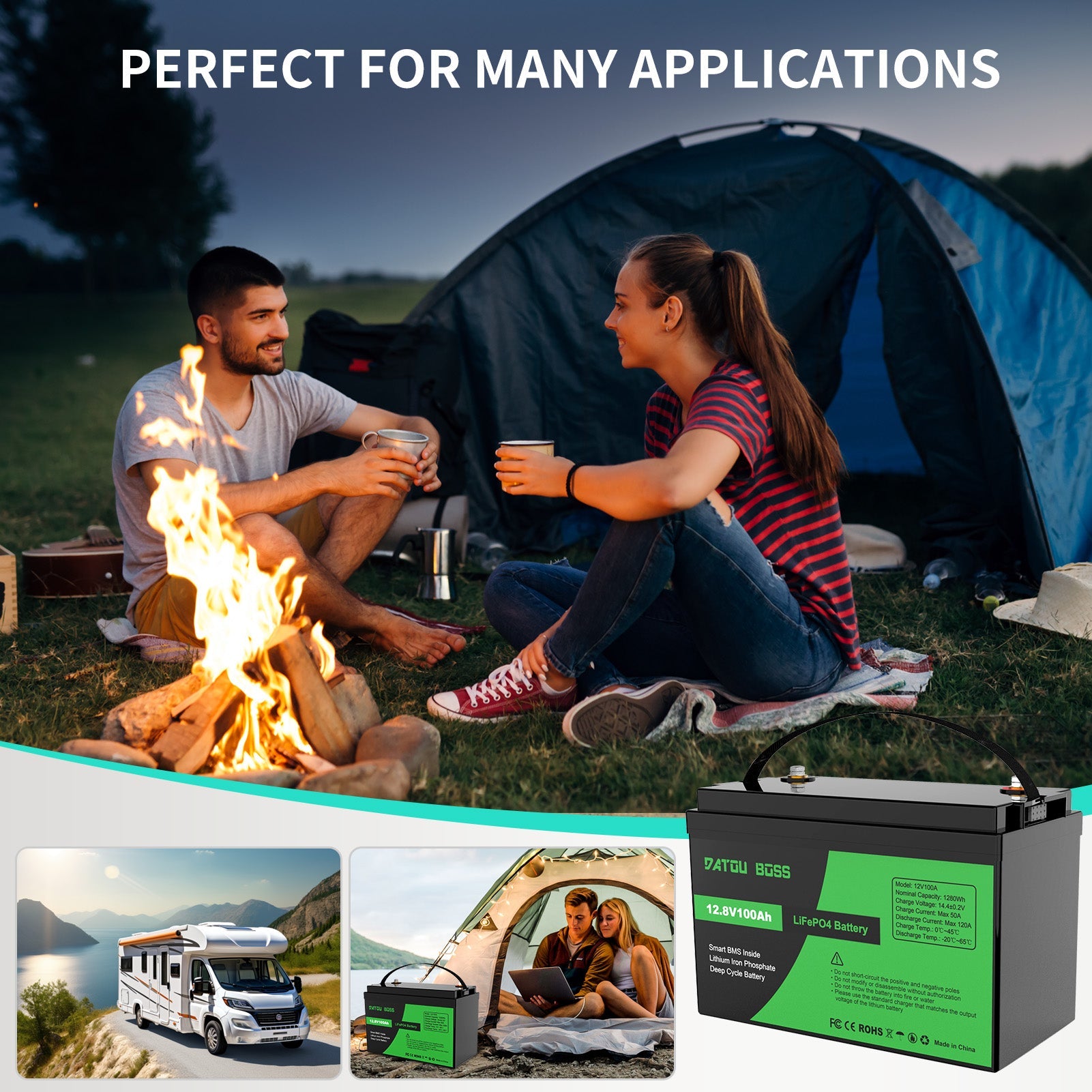 DATOUBOSS 12V 100Ah lithium battery for camping, RV power, and off-grid outdoor applications