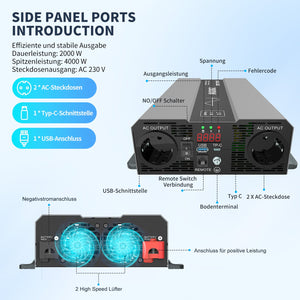 DATOUBOSS 2000W pure sine wave inverter, dual AC 230V outlets, Type-C and USB port details