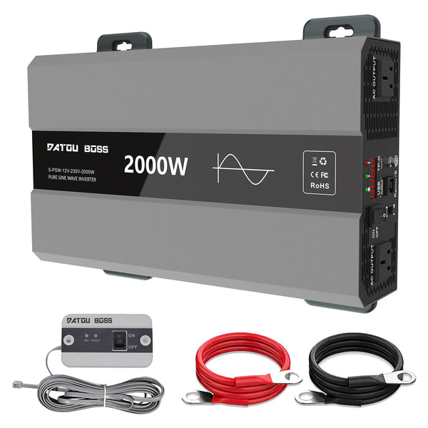 DATOUBOSS 2000W Pure Sine Wave Inverter, 12V to 230V AC Power Converter, Peak Power 4000W, 50Hz UK Socket, USB Ports and USB - C Output, Remote Control, for Household Appliances, Car, Caravan, Truck - DATOUBOSS Rechargeable Lifepo4 Batteries Voltage Converters InverterSP-DT-SAK2000W-12V-A-UK