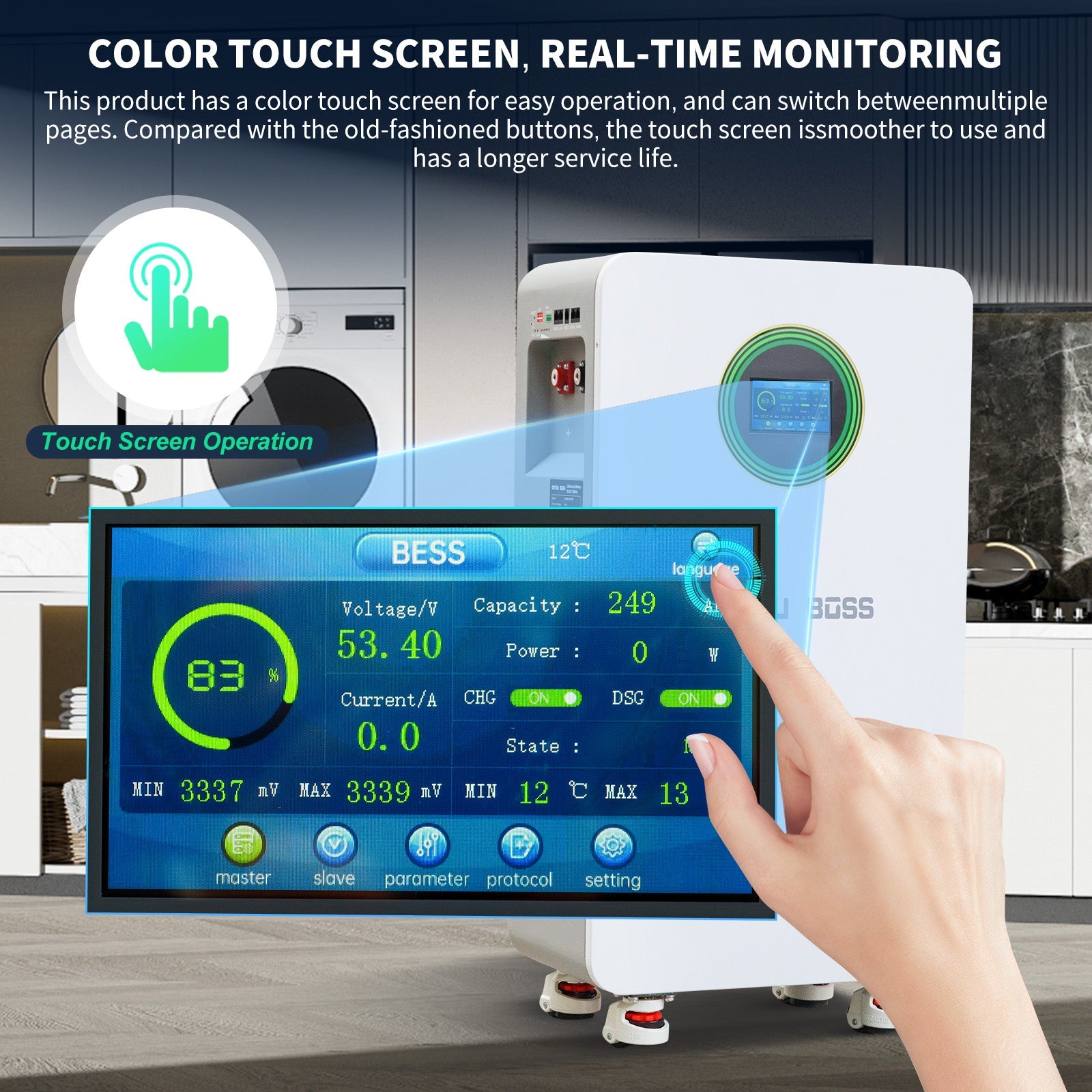 DATOUBOSS home battery features a color touch screen for real-time monitoring of voltage, capacity, and system state