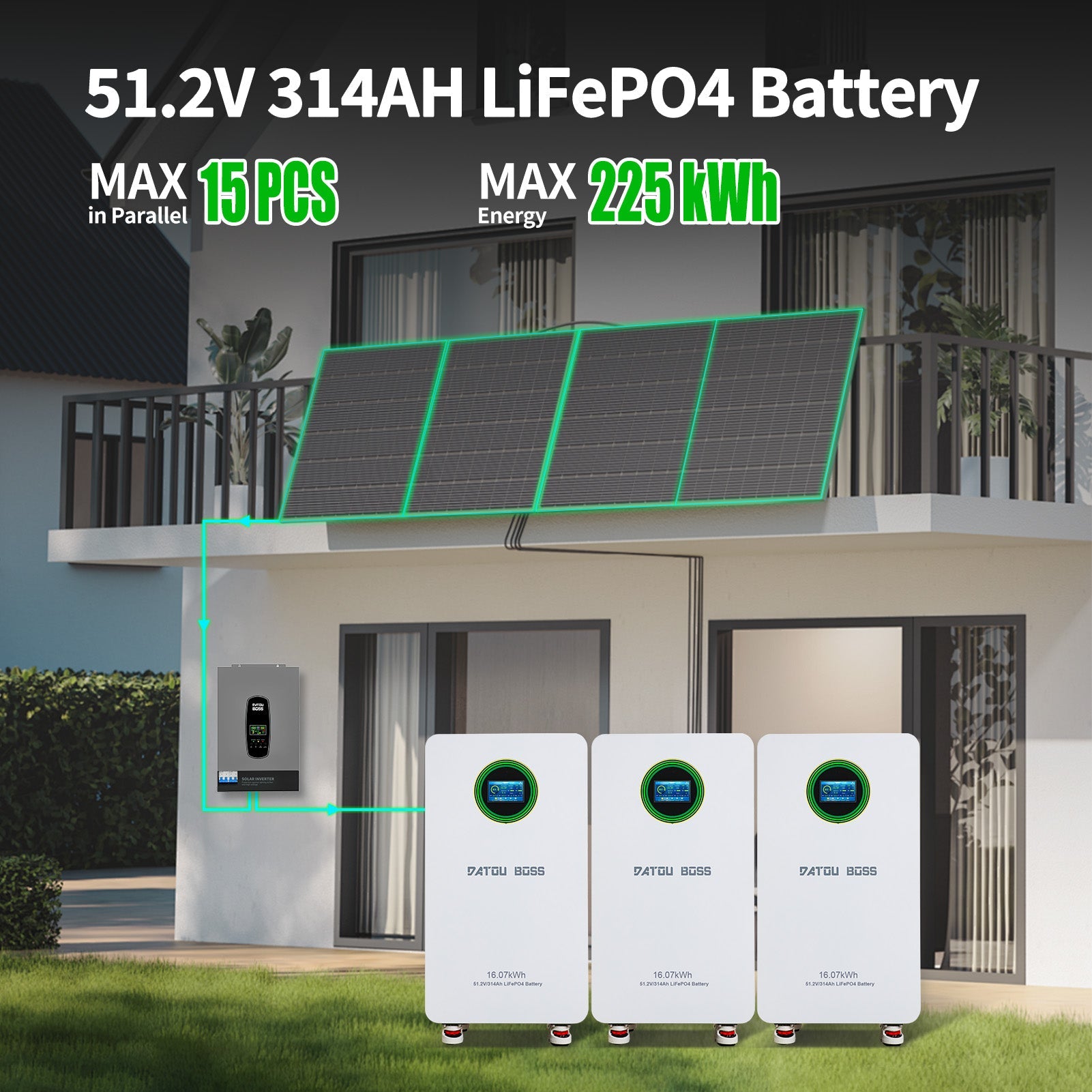 DATOU BOSS 51.2V 314Ah LiFePO4 battery, supports 15 units in parallel up to 225kWh