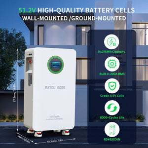 DATOUBOSS 16.07kWh home battery, 51.2V 314Ah LiFePO4 with 200A BMS, Grade A EV cells, and 8000+ cycles life