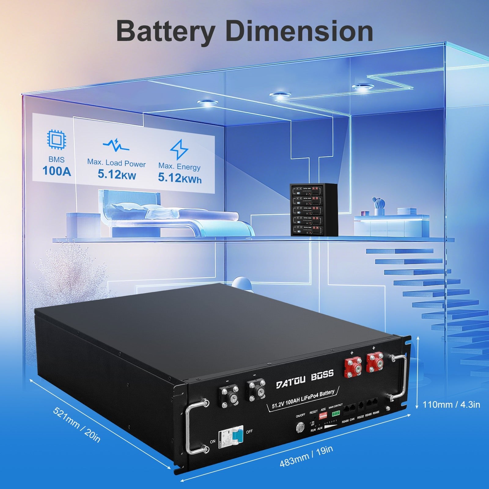 DATOUBOSS 51.2V 100Ah Rack Mount LiFePO4 Battery 5.12kWh GradeA+Cells Built - in BMS CAN/RS485 Communication with APP Bluetoooth - DATOUBOSS Rechargeable Lifepo4 Batteries Voltage Converters InverterSP-DT-3U-48100-A-UK