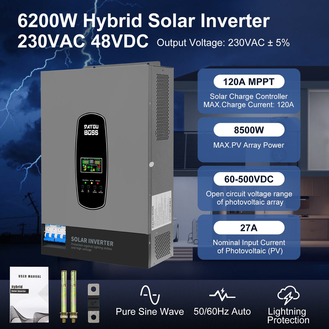 DATOUBOSS 6200W 48V 120A MPPT Solar Hybrid Inverter for Off-Grid Home ...