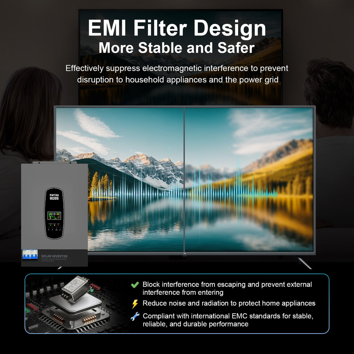 DATOUBOSS solar inverter with EMI filter design suppressing electromagnetic interference to protect home appliances