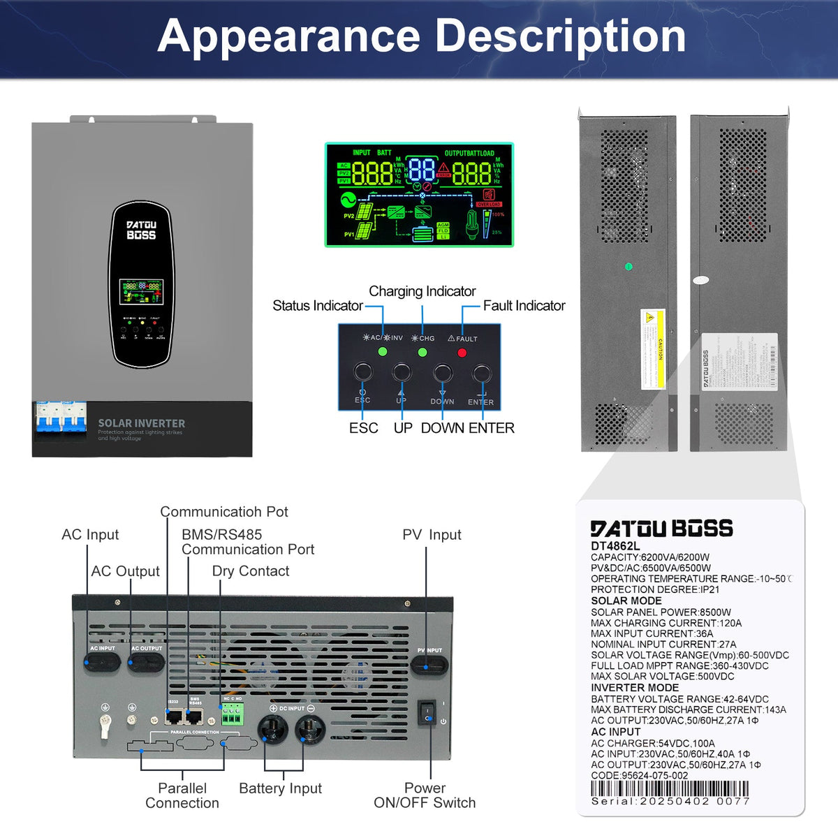 DATOUBOSS 6200W hybrid inverter bottom ports overview including BMS RS485 communication and dry contact