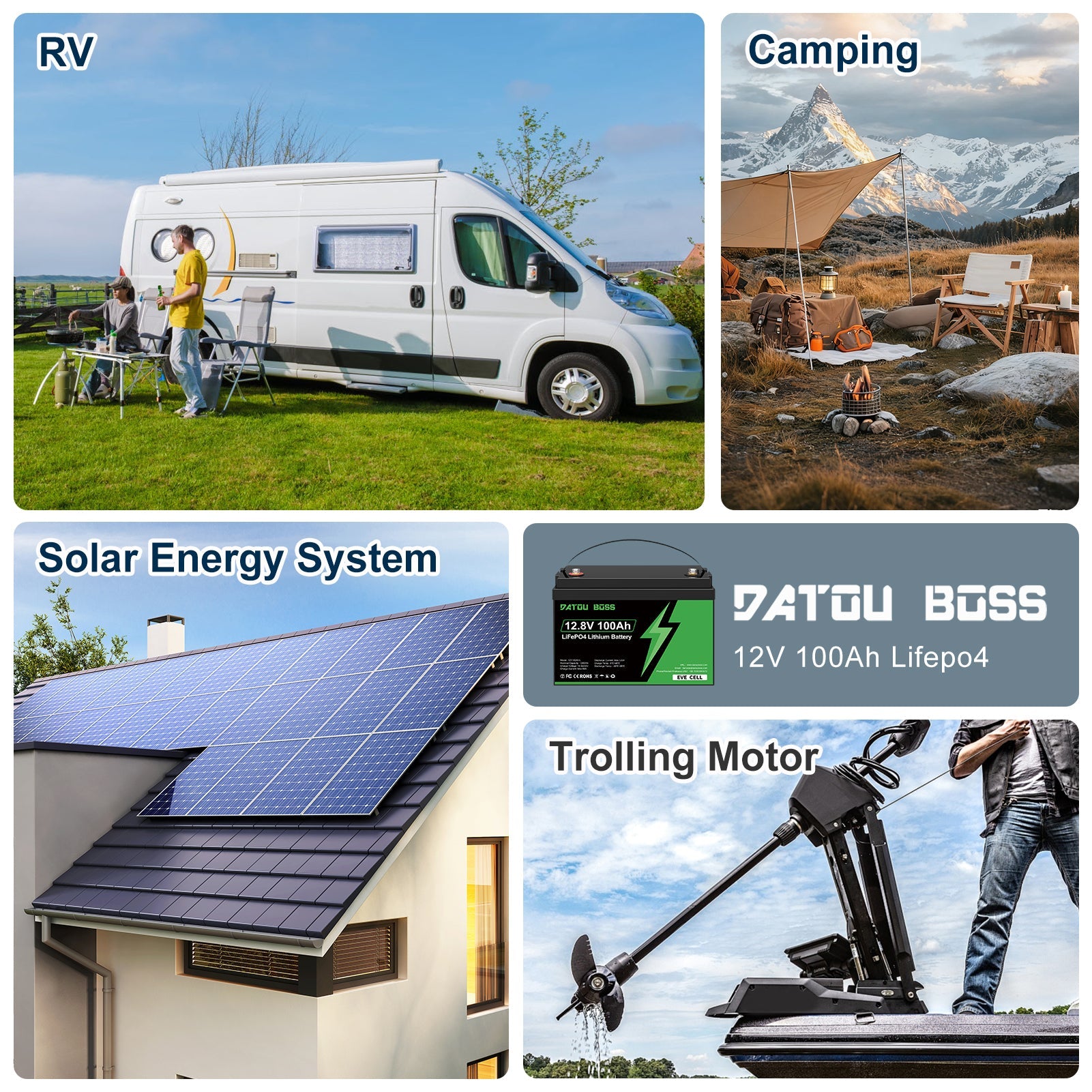DATOUBOSS 12V 100Ah LiFePO4 battery applications: RV, camping, home solar energy system, and trolling motor