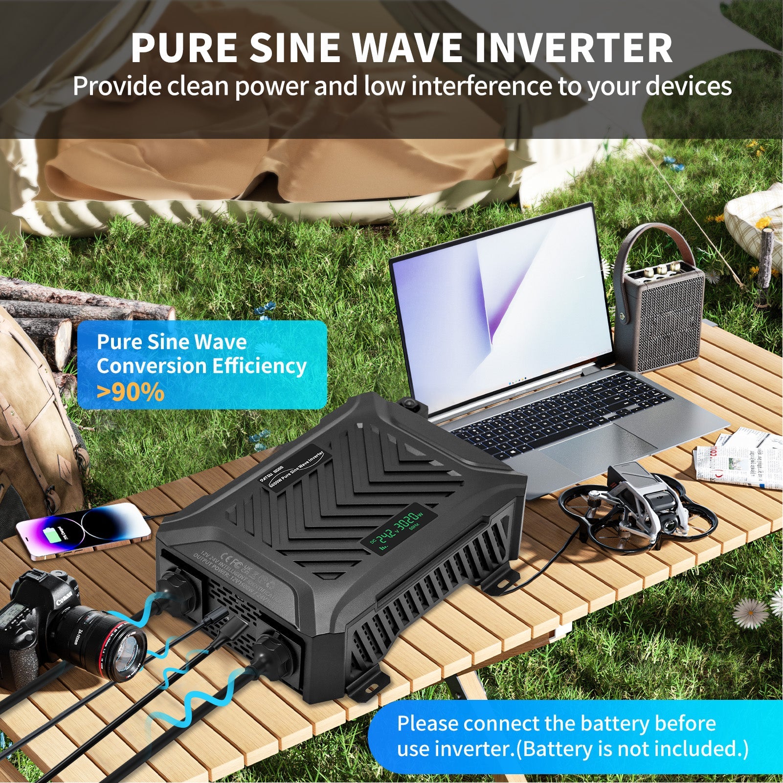DATOUBOSS Universal Double Voltage Converter 1500W/3000W Pure Sine Wave Inverter, 12V/24V to 230V AC Voltage Converter, Peak Power 3000W/6000W Peak Power, with Intelligent Detection System & LCD Display & 2 EU Socket - DATOUBOSS Rechargeable Lifepo4 Batteries Voltage Converters InverterSP-DT-TY-PSW6000W-A-UK