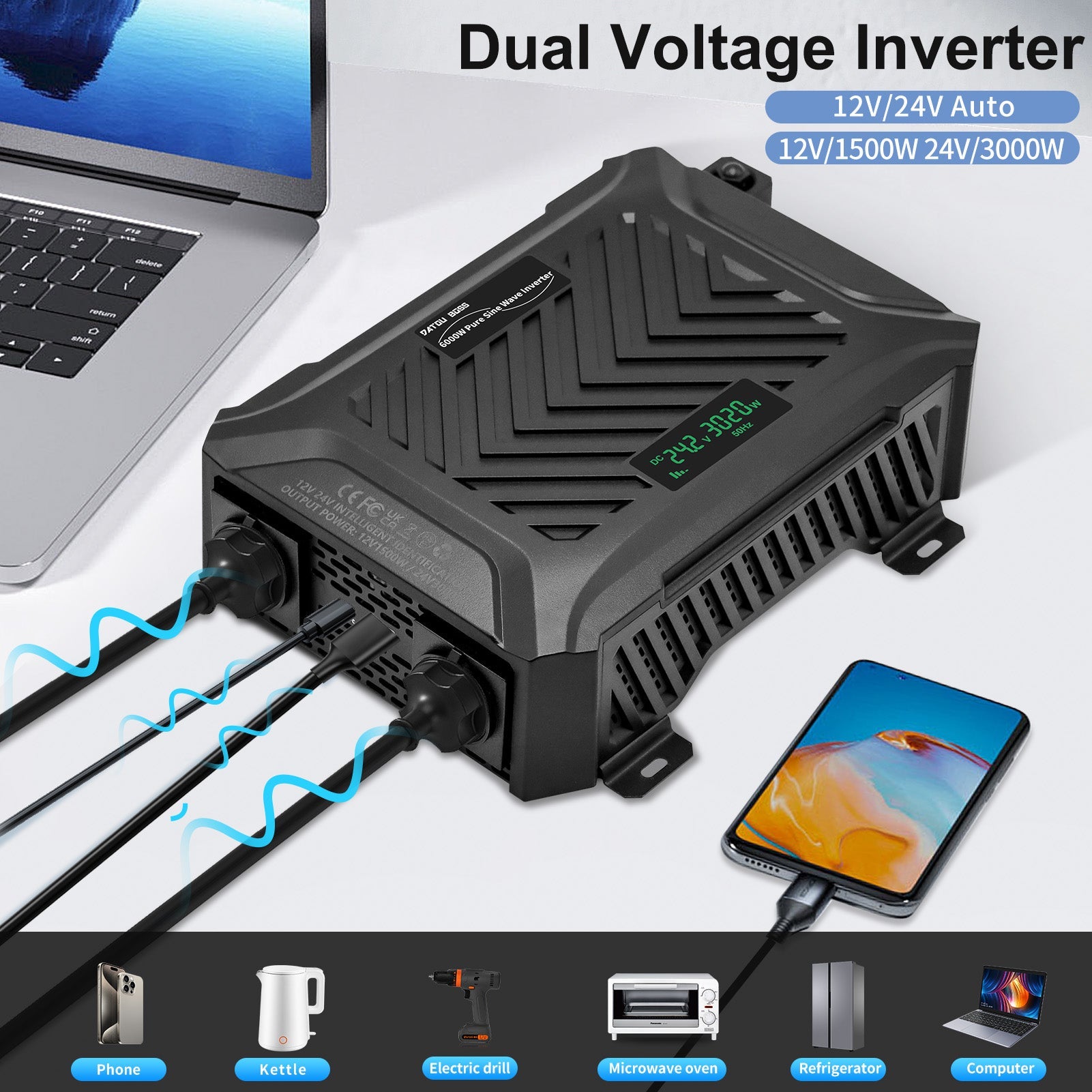 DATOUBOSS Universal Double Voltage Converter 1500W/3000W Pure Sine Wave Inverter, 12V/24V to 230V AC Voltage Converter, Peak Power 3000W/6000W Peak Power, with Intelligent Detection System & LCD Display & 2 EU Socket - DATOUBOSS Rechargeable Lifepo4 Batteries Voltage Converters InverterSP-DT-TY-PSW6000W-A-UK